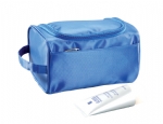 Zippered front pocket blue cosmetic bag with microfiber